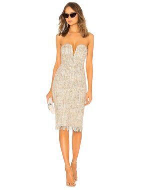 LPA Dress 691 in Cream Multi Small New Womens Tweed Boucle Strapless Midi